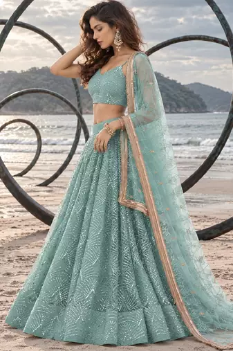 DUSTY GREEN NET THREAD WITH ZARI AND SEQUINCE WORK FESTIVE LEHENGA CHOLI SET FOR WOMEN'S