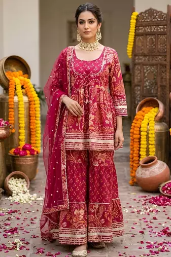 Magenta floral printed peplum kurta set for women