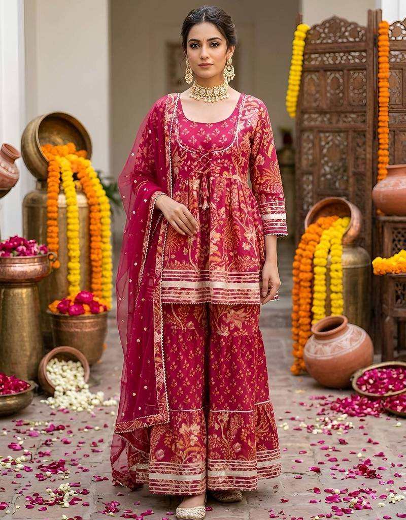 Magenta floral printed peplum kurta set for women
