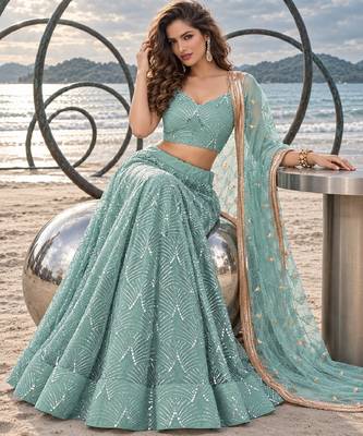 DUSTY GREEN NET THREAD WITH ZARI AND SEQUINCE WORK FESTIVE LEHENGA CHOLI SET FOR WOMEN'S 4