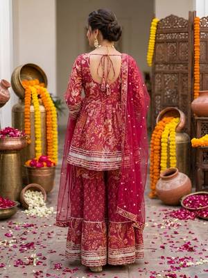 Magenta floral printed peplum kurta set for women 2
