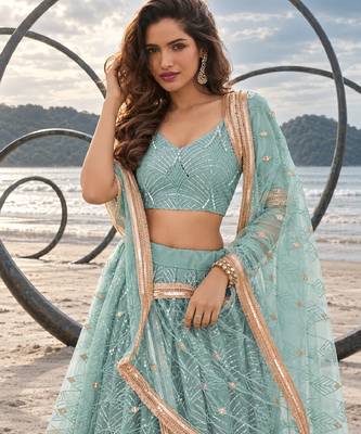 DUSTY GREEN NET THREAD WITH ZARI AND SEQUINCE WORK FESTIVE LEHENGA CHOLI SET FOR WOMEN'S 5