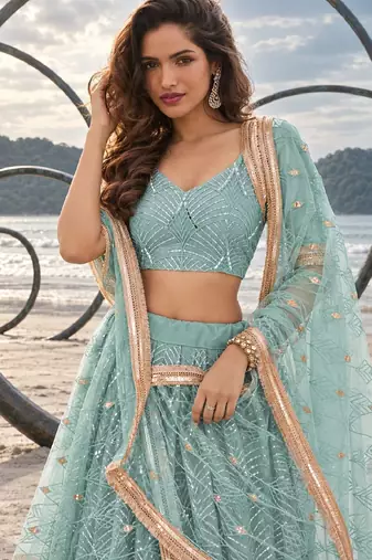 DUSTY GREEN NET THREAD WITH ZARI AND SEQUINCE WORK FESTIVE LEHENGA CHOLI SET FOR WOMEN'S