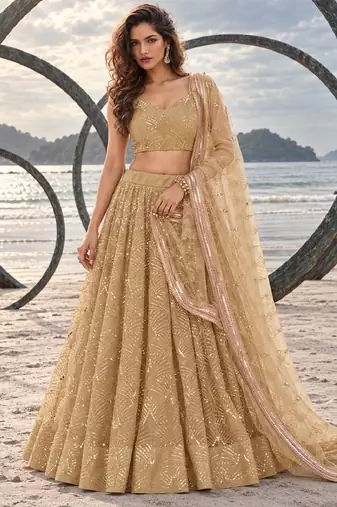 BEIGE NET THREAD WITH ZARI AND SEQUINCE WORK FESTIVE LEHENGA CHOLI SET FOR WOMEN'S