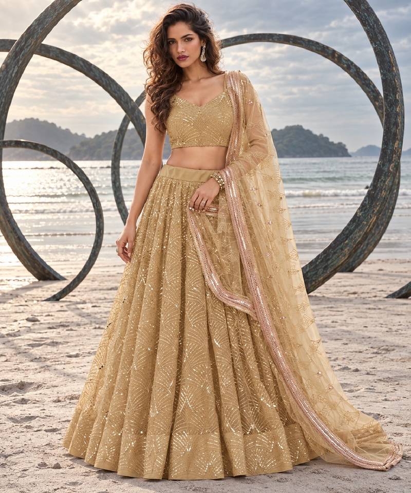 BEIGE NET THREAD WITH ZARI AND SEQUINCE WORK FESTIVE LEHENGA CHOLI SET FOR WOMEN'S
