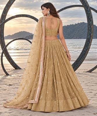 BEIGE NET THREAD WITH ZARI AND SEQUINCE WORK FESTIVE LEHENGA CHOLI SET FOR WOMEN'S 2