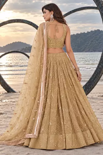 BEIGE NET THREAD WITH ZARI AND SEQUINCE WORK FESTIVE LEHENGA CHOLI SET FOR WOMEN'S