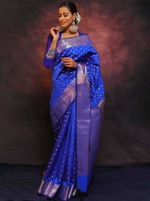 Blue  silk blend jacuard work festival saree with unstitched blouse piece 1