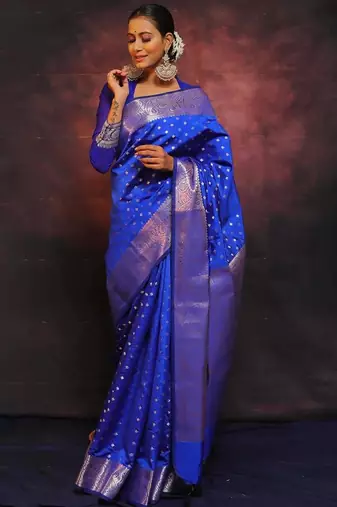 Blue  silk blend jacuard work festival saree with unstitched blouse piece