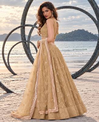 BEIGE NET THREAD WITH ZARI AND SEQUINCE WORK FESTIVE LEHENGA CHOLI SET FOR WOMEN'S 3