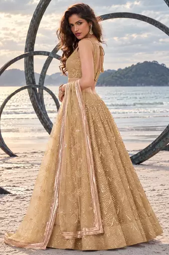 BEIGE NET THREAD WITH ZARI AND SEQUINCE WORK FESTIVE LEHENGA CHOLI SET FOR WOMEN'S