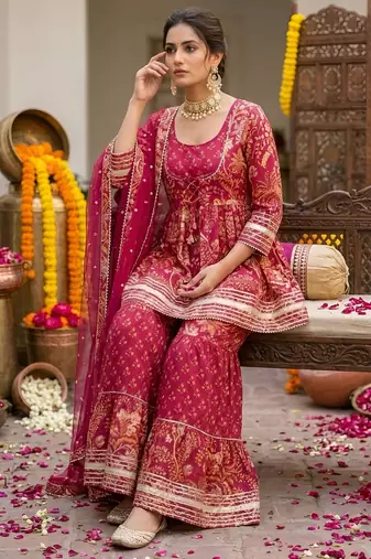 Magenta floral printed peplum kurta set for women