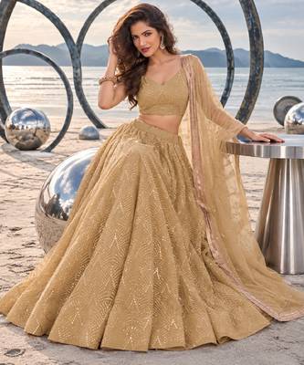 BEIGE NET THREAD WITH ZARI AND SEQUINCE WORK FESTIVE LEHENGA CHOLI SET FOR WOMEN'S 4