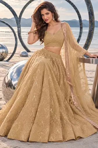 BEIGE NET THREAD WITH ZARI AND SEQUINCE WORK FESTIVE LEHENGA CHOLI SET FOR WOMEN'S