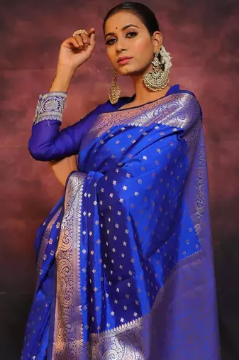 Blue  silk blend jacuard work festival saree with unstitched blouse piece
