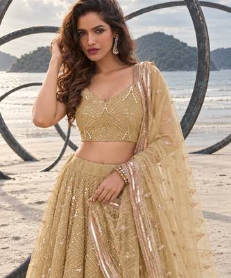 BEIGE NET THREAD WITH ZARI AND SEQUINCE WORK FESTIVE LEHENGA CHOLI SET FOR WOMEN'S 5