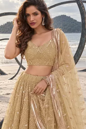 BEIGE NET THREAD WITH ZARI AND SEQUINCE WORK FESTIVE LEHENGA CHOLI SET FOR WOMEN'S