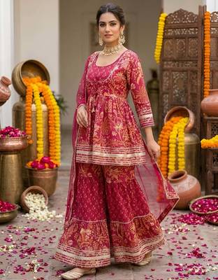 Magenta floral printed peplum kurta set for women 5