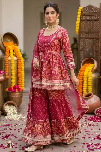 Magenta floral printed peplum kurta set for women