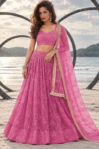 PINK NET THREAD WITH ZARI AND SEQUINCE WORK FESTIVE LEHENGA CHOLI SET FOR WOMEN'S