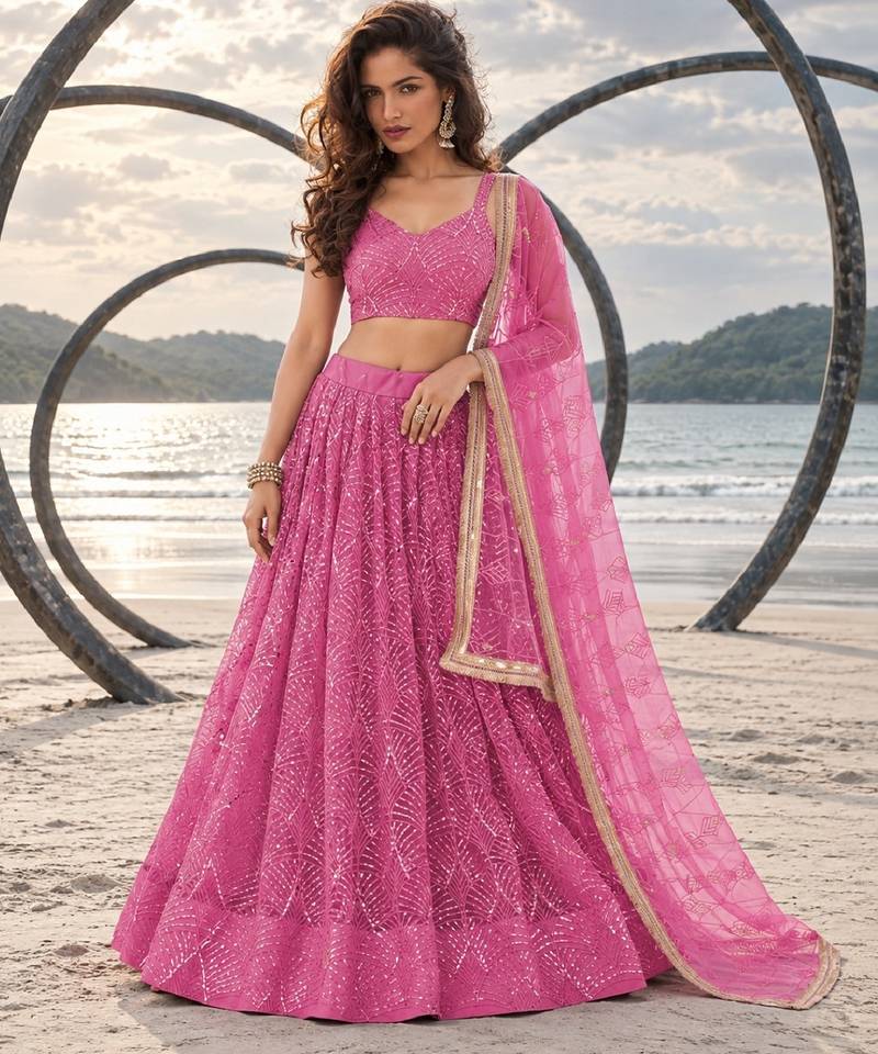 PINK NET THREAD WITH ZARI AND SEQUINCE WORK FESTIVE LEHENGA CHOLI SET FOR WOMEN'S
