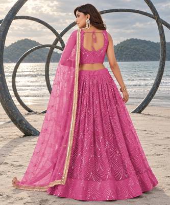 PINK NET THREAD WITH ZARI AND SEQUINCE WORK FESTIVE LEHENGA CHOLI SET FOR WOMEN'S 2