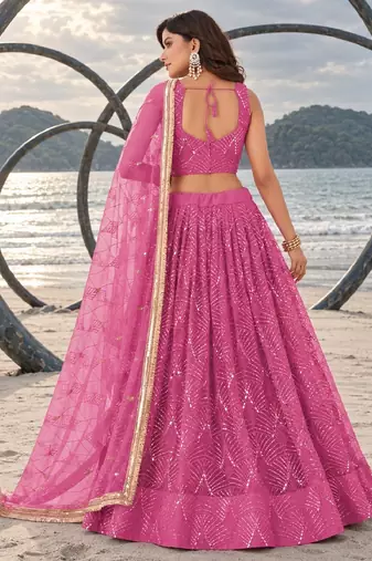 PINK NET THREAD WITH ZARI AND SEQUINCE WORK FESTIVE LEHENGA CHOLI SET FOR WOMEN'S