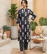 Black floral printed straight kurta set for women