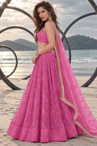 PINK NET THREAD WITH ZARI AND SEQUINCE WORK FESTIVE LEHENGA CHOLI SET FOR WOMEN'S