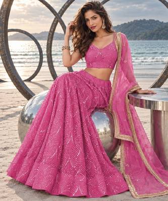 PINK NET THREAD WITH ZARI AND SEQUINCE WORK FESTIVE LEHENGA CHOLI SET FOR WOMEN'S 4