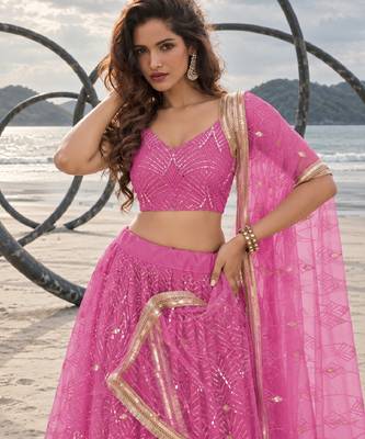 PINK NET THREAD WITH ZARI AND SEQUINCE WORK FESTIVE LEHENGA CHOLI SET FOR WOMEN'S 5