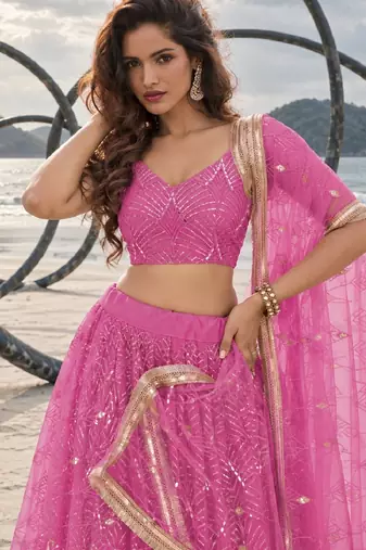 PINK NET THREAD WITH ZARI AND SEQUINCE WORK FESTIVE LEHENGA CHOLI SET FOR WOMEN'S