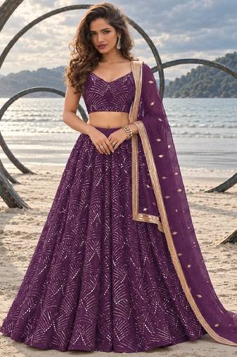 PURPLE NET THREAD WITH ZARI AND SEQUIN WORK FESTIVE LEHENGA CHOLI