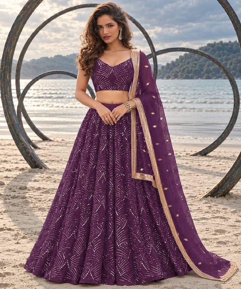 PURPLE NET THREAD WITH ZARI AND SEQUINCE WORK FESTIVE LEHENGA CHOLI SET FOR WOMEN'S