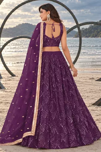 PURPLE NET THREAD WITH ZARI AND SEQUINCE WORK FESTIVE LEHENGA CHOLI SET FOR WOMEN'S
