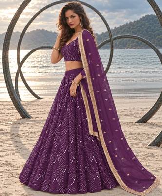 PURPLE NET THREAD WITH ZARI AND SEQUINCE WORK FESTIVE LEHENGA CHOLI SET FOR WOMEN'S 3