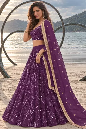 PURPLE NET THREAD WITH ZARI AND SEQUINCE WORK FESTIVE LEHENGA CHOLI SET FOR WOMEN'S