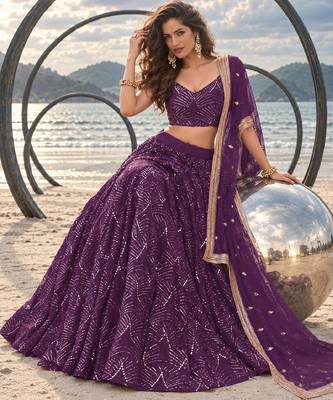 PURPLE NET THREAD WITH ZARI AND SEQUINCE WORK FESTIVE LEHENGA CHOLI SET FOR WOMEN'S 4