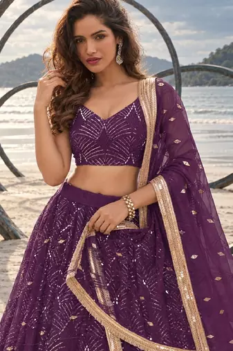 PURPLE NET THREAD WITH ZARI AND SEQUINCE WORK FESTIVE LEHENGA CHOLI SET FOR WOMEN'S