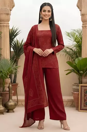 Maroon floral printed straight kurta set for women