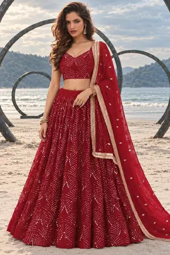 RED NET THREAD WITH ZARI AND SEQUINCE WORK FESTIVE LEHENGA CHOLI SET FOR WOMEN'S
