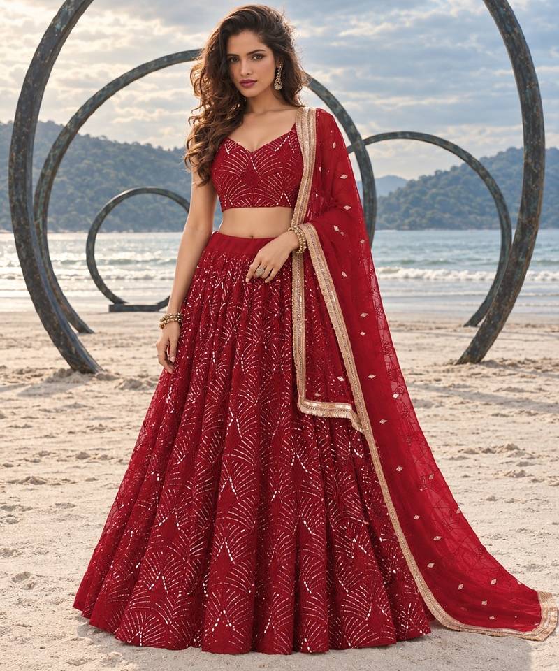 RED NET THREAD WITH ZARI AND SEQUINCE WORK FESTIVE LEHENGA CHOLI SET FOR WOMEN'S