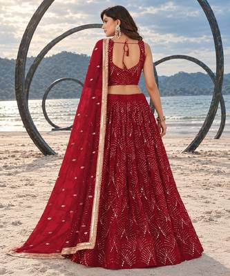 RED NET THREAD WITH ZARI AND SEQUINCE WORK FESTIVE LEHENGA CHOLI SET FOR WOMEN'S 2
