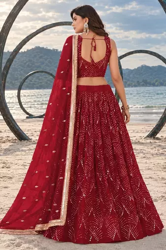RED NET THREAD WITH ZARI AND SEQUINCE WORK FESTIVE LEHENGA CHOLI SET FOR WOMEN'S