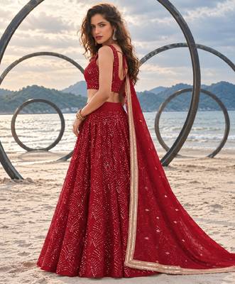 RED NET THREAD WITH ZARI AND SEQUINCE WORK FESTIVE LEHENGA CHOLI SET FOR WOMEN'S 3