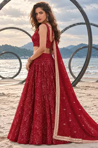 RED NET THREAD WITH ZARI AND SEQUINCE WORK FESTIVE LEHENGA CHOLI SET FOR WOMEN'S