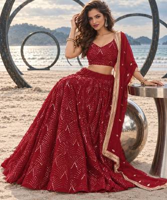 RED NET THREAD WITH ZARI AND SEQUINCE WORK FESTIVE LEHENGA CHOLI SET FOR WOMEN'S 4