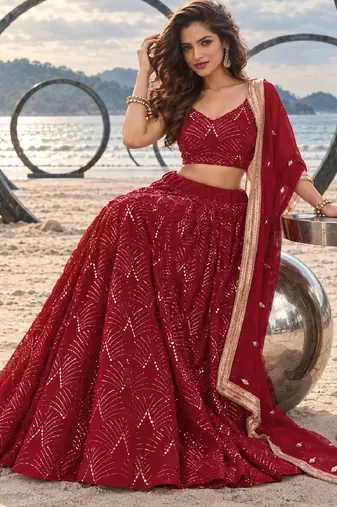RED NET THREAD WITH ZARI AND SEQUINCE WORK FESTIVE LEHENGA CHOLI SET FOR WOMEN'S