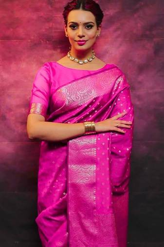Pink ellow green silk blend jacuard work festival saree with unstitched blouse piece