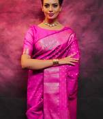 Pink ellow green silk blend jacuard work festival saree with unstitched blouse piece